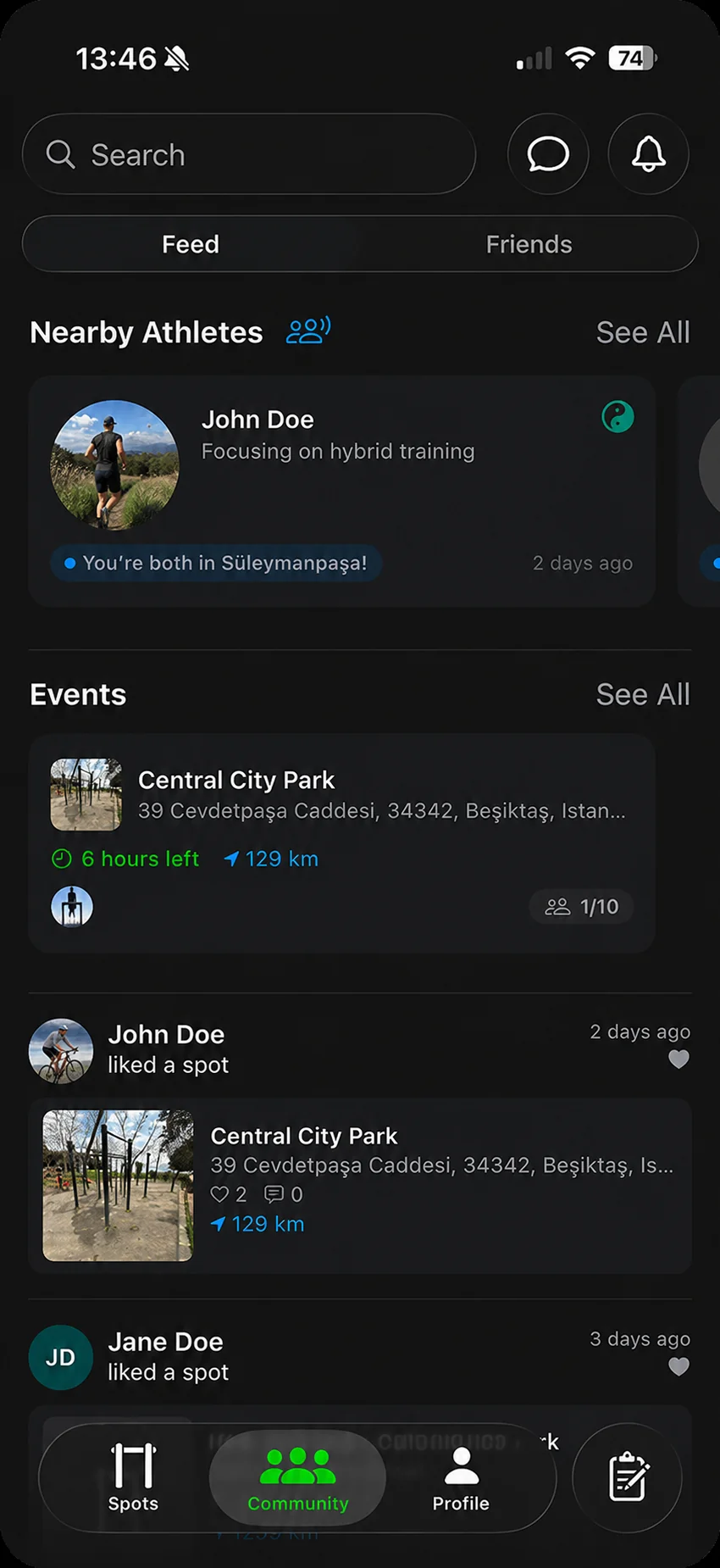 Community feed with nearby athletes and events