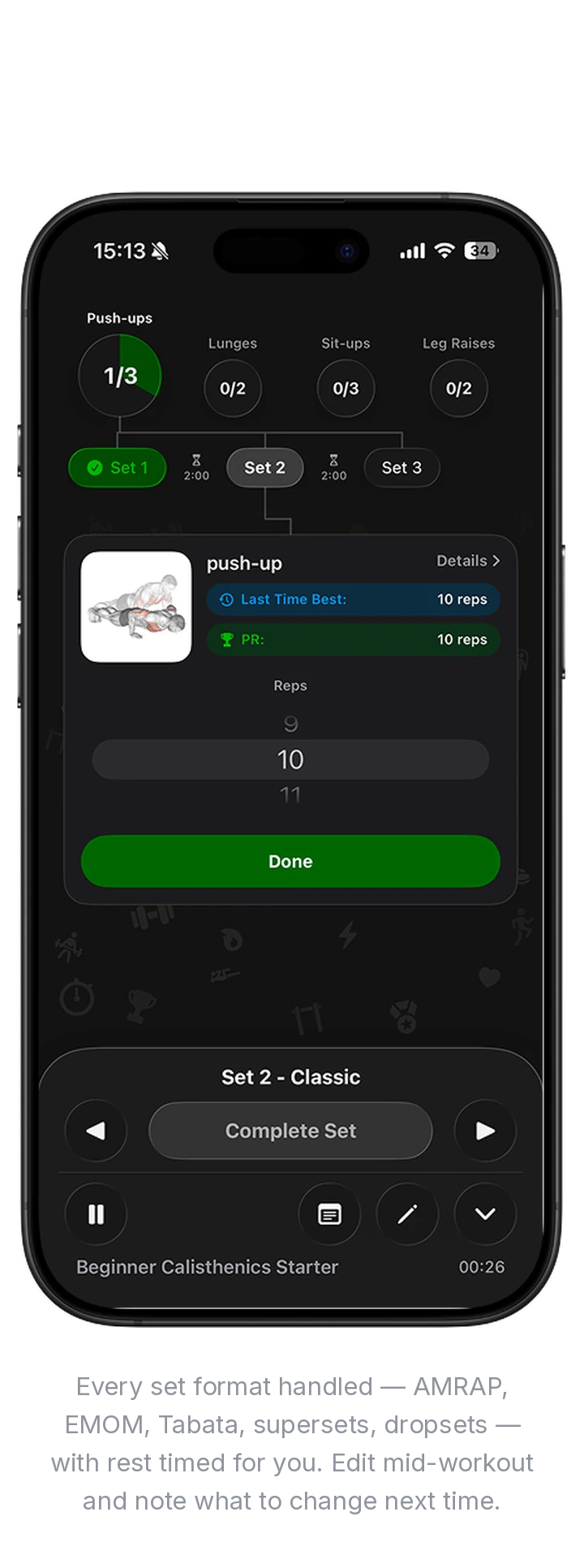 PullPoint's guided workout screen: sets, reps and timed rest