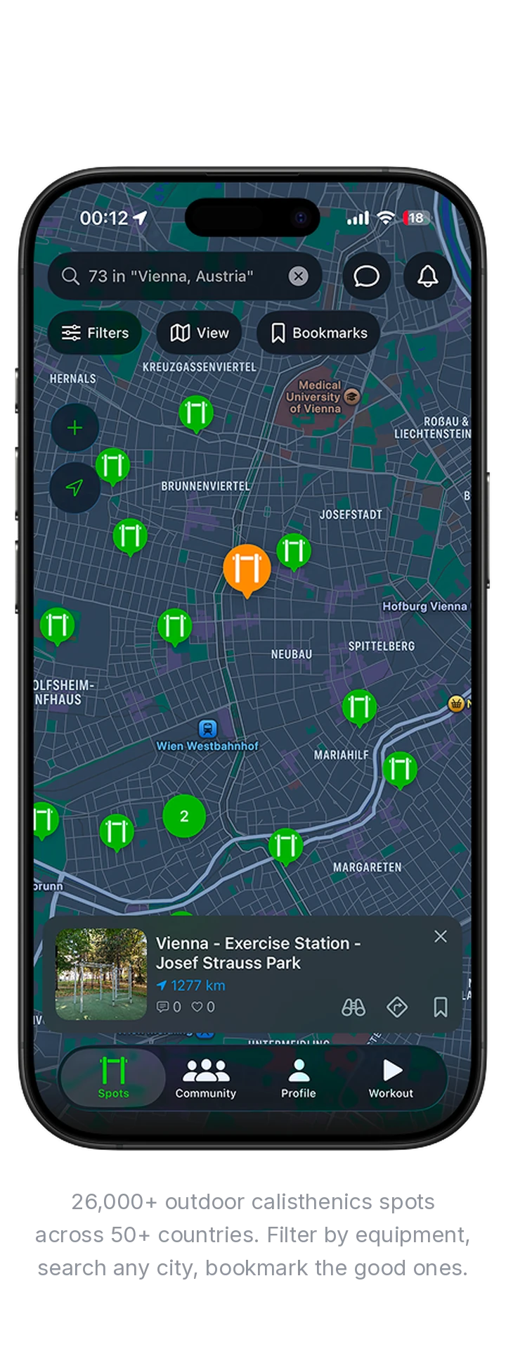 The PullPoint map showing calisthenics spots in Vienna