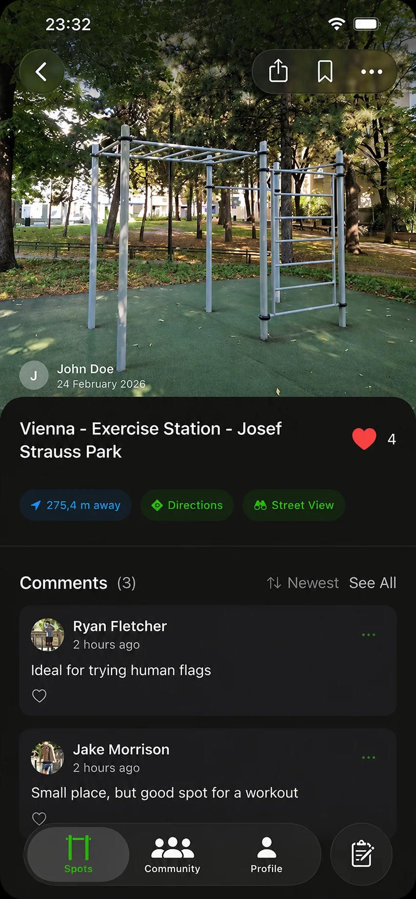 PullPoint spot detail page with photos and comments